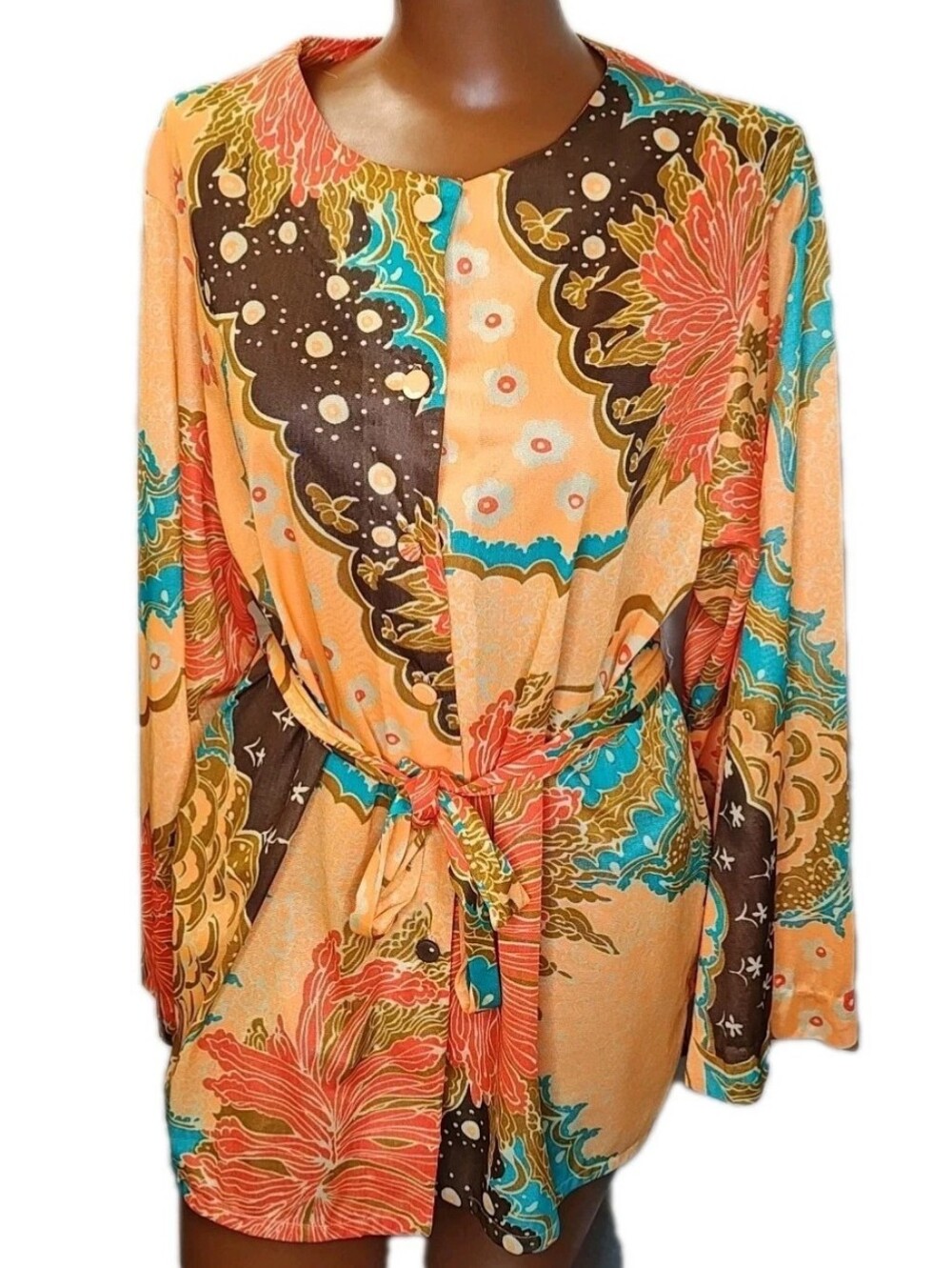Vtg USA Perfection Fit Roxanne 60/70s Kimono Shirt L Orange Retro Floral Funky